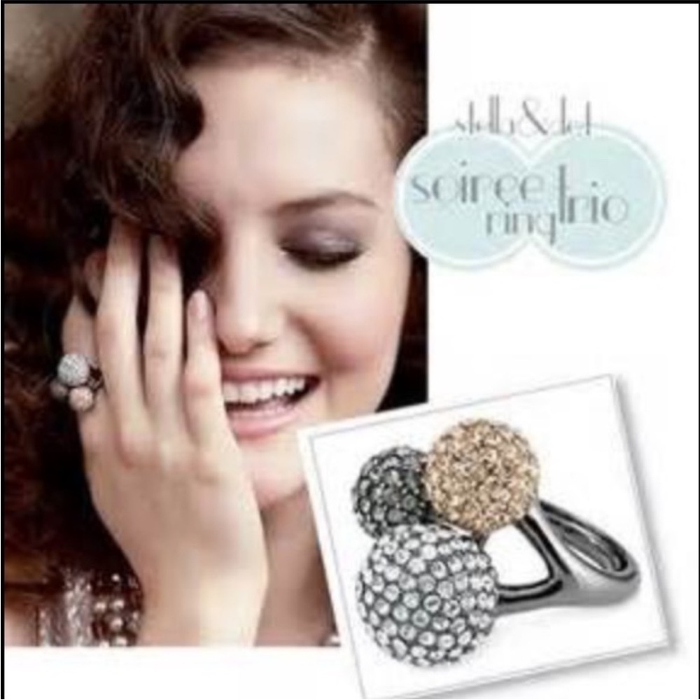 🩷 Vintage Stella and Dot Soirée Rhinestone Gunmetal Cocktail Ring 💍 Coquette